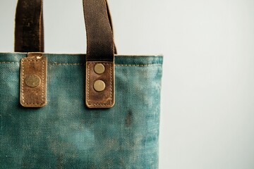 Vintage teal canvas tote bag with brown leather handles and brass accents.