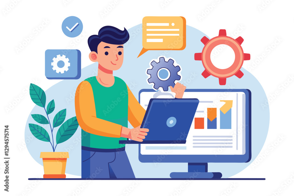 Poster a man is focused on updating his device, surrounded by charts and tech elements in a dynamic workspa