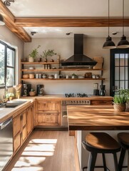 Beautiful kitchen features interior design with wooden cabinetry and countertops