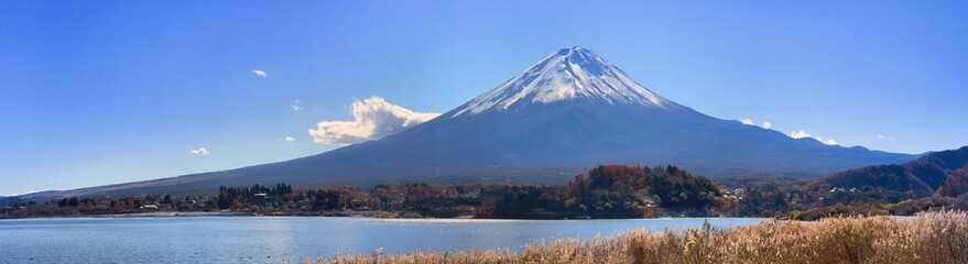 Panorama view of Fuji mountain in Japan  on a bright sky day, One of the Most Beautiful tourist attractions In Tokyo, Japan