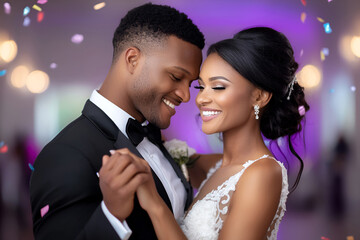 African couple, bride and groom, dancing at wedding celebration with confetti and joyful expressions
