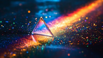 A sparkling prism casts a dazzling rainbow over a shimmering surface, blending light and magic.