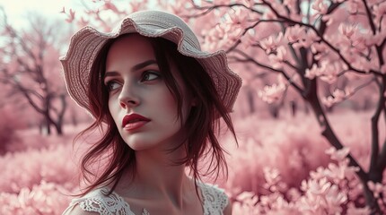 Dreamy portrait of a young woman in a soft pink floral landscape, wearing a vintage hat and lace dres