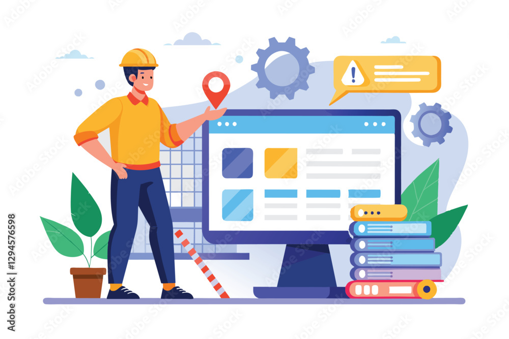 Poster a man in a hard hat gestures towards a computer screen displaying a website under construction, man 