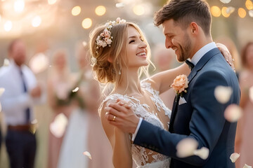 Romantic outdoor wedding dance of young caucasian couple, bride and groom, surrounded by blurred guests with petals falling