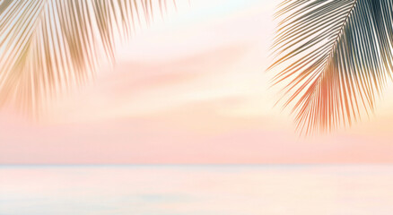 Blurred Tropical palm branches with pastel sky at sunset, serene beach background with copy space