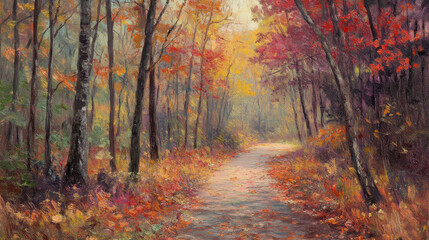 Obraz premium Serene autumn forest pathway with colorful foliage in a misty landscape
