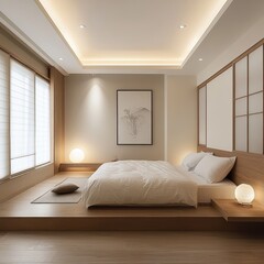 A minimalist bedroom designed with wood furnishings and lighting