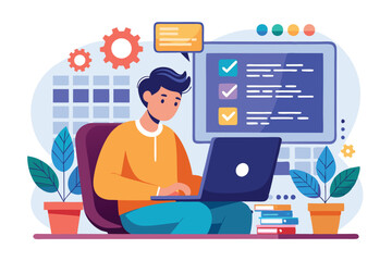 Fototapeta premium A man is focused on programming software concepts while sitting at a contemporary workspace with plants, Man programming software concept,