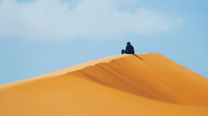 A lone figure sits atop an endless sand dune, embracing serenity and vastness under a pale blue sky, capturing the essence of solitude and introspection.