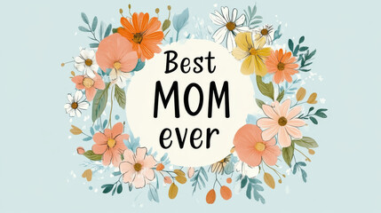 Fototapeta premium Mothers Day floral design with Best Mom Ever text surrounded by flowers, holiday celebration postcard
