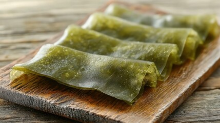 Dried seaweed sheets on wood, close-up, rustic kitchen setting, healthy food