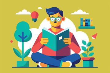A young man sits cross-legged, immersed in reading a customizable flat, in a welcoming indoor setting, Man reading Customizable Flat Illustration