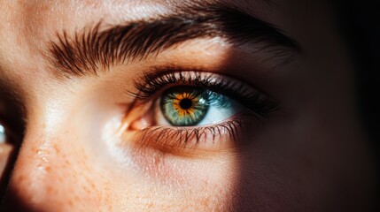 Sunlight casts dramatic shadows over a captivating blue eye, revealing depth and emotion in the detailed, expressive gaze.