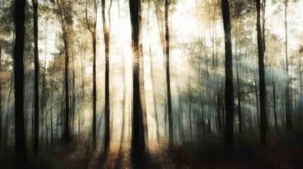 Fototapeta premium Sunlight pierces through a dense forest, casting long shadows and creating an ethereal glow amidst towering trees.