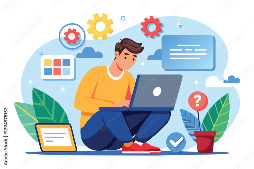 Poster a man focuses on fixing a website using a laptop while seated on the floor surrounded by plants and 