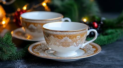 Elegant Teacups with Gold Detailing for Holiday Celebration Still Life