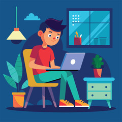 a boy is using his laptop vector	