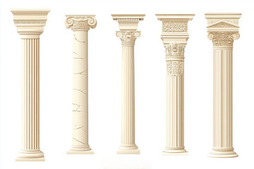 Greek Style Pillars Standing Tall, Isolated on a Pure White Background