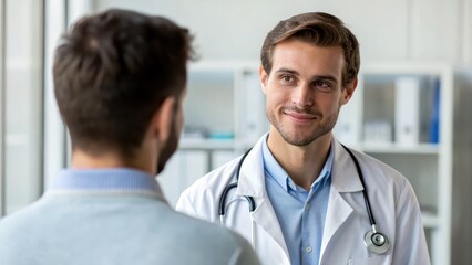 Fototapeta premium Concentrated doctor consultant concept. A doctor smiling while engaging in conversation with a patient in a modern clinical setting.