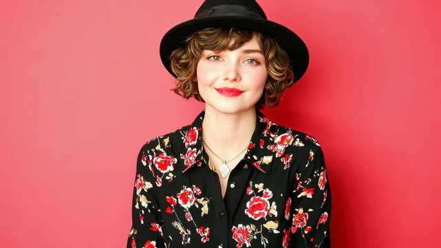 Portrait of a woman in a floral shirt and hat against a solid red background, exuding confidence and style.