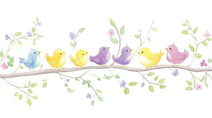 spring birds on branches with colorful leaves and flowers, perfect for children's book illustration 
