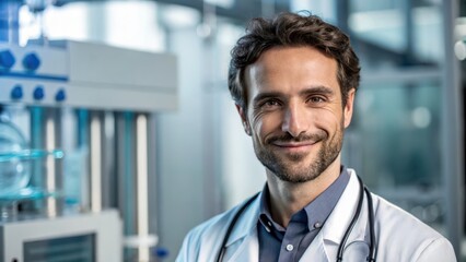 Obraz premium Concentrated doctor consultant concept. A smiling male doctor in a lab setting, wearing a white coat and stethoscope, appears confident and approachable amidst modern medical equipment.