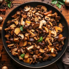 Fototapeta premium Delicious Sauteed Mushrooms in Pan, Gourmet Food Photography