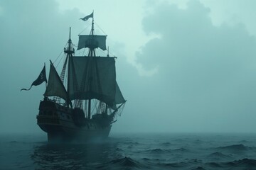 A majestic sailing vessel navigates a misty, dark sea under a brooding sky, its sails billowing slightly in the unseen wind.