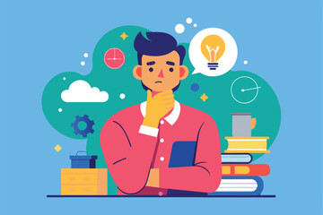 A man is pondering ideas while surrounded by books, tools, and symbols of creativity in a vivid setting, Man thinking Customizable Flat Illustration
