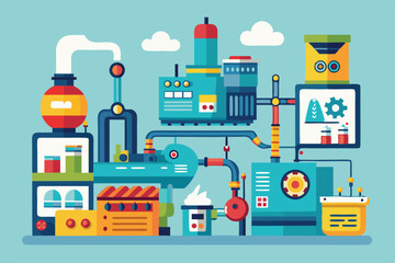 This illustration shows a vibrant factory with machines for customizable semi-flat manufacturing, Manufacturing process Customizable Semi Flat Illustration