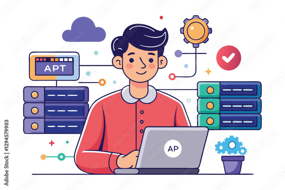 Poster a man engages with a simple api server on his laptop, surrounded by tech elements and servers, man w