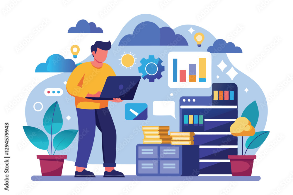 Poster a man engages with cloud data analytics while examining statistical charts and tools in a modern wor