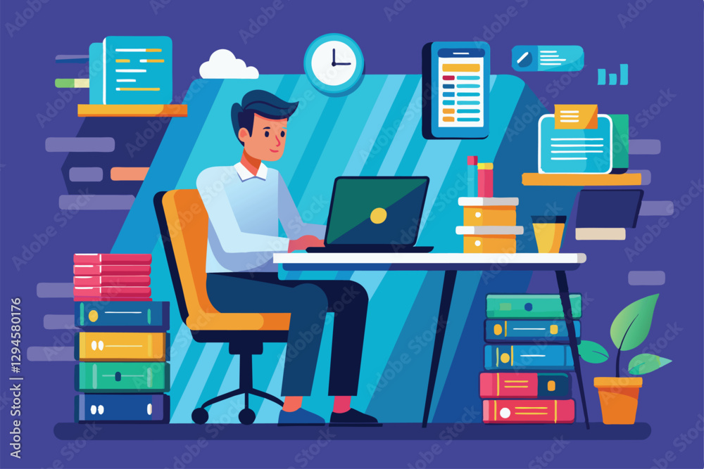 Poster a man is focused on his laptop, managing a backup database for big data in a vibrant workspace, man 