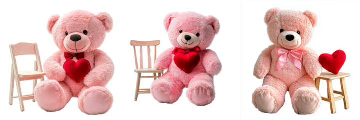 Set of A pink teddy bear with a bow on Transparent PNG format Background.