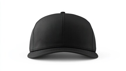 A black snapback hat with a flat brim and structured crown, isolated on a white background.