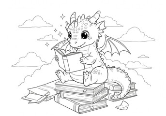 Black and white coloring page, a cute baby dragon sitting on a pile of books, holding an open book with tiny sparkles above it, soft clouds in the background