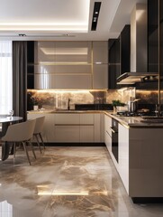 This elegant kitchen features modern cabinets and marble flooring