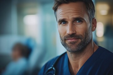 Obraz premium Confident male doctor with a beard, wearing scrubs, in a medical setting.