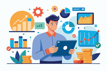 A man is focused on analyzing infographics displayed on his tablet amidst various data visualization elements, man with tablet analyzing infographics, diagram bar chart report