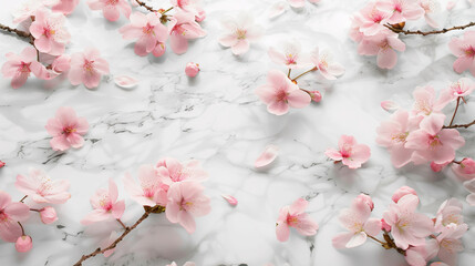 Blush pink cherry blossom petals scattered on white stone