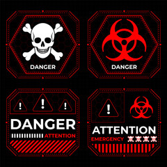 Conceptual HUD danger zone layout featuring red warning frames and futuristic alert elements. High-quality vector illustration perfect for print and digital interfaces, including caution signs