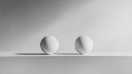 Two minimalist white spheres cast soft shadows on a pristine surface, forming a simple, elegant composition in greyscale tones.
