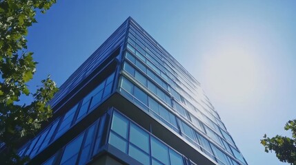 Obraz premium Modern skyscraper, sunny day, city, treetops, architectural design, real estate