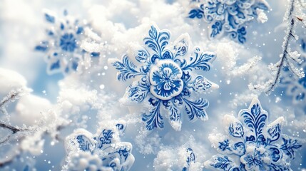 Blue and White Decorative Snowflakes on a Soft Snowy Background