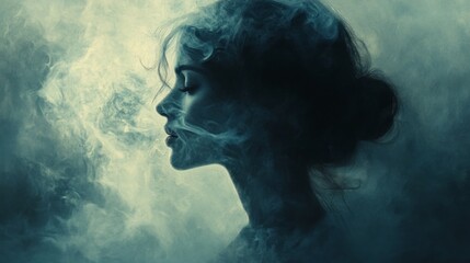 Fototapeta premium A captivating silhouette of a woman is framed by wisps of ethereal smoke, as twilight casts a mysterious glow. The serene expression suggests tranquility amid the surreal ambiance