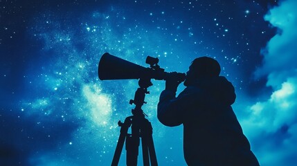 Fototapeta premium A silhouette gazes through a telescope at a starlit night sky, capturing the wonder and curiosity of exploring the cosmos.