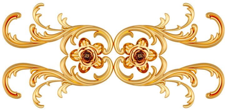 Gold ornament on white background, cut out, 3D render
