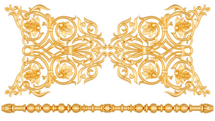 Gold ornament on white background, cut out, 3D render
