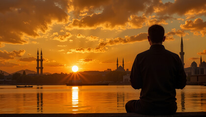 Fototapeta premium Fajr prayer meditation at sunrise by the river, spiritual reflection